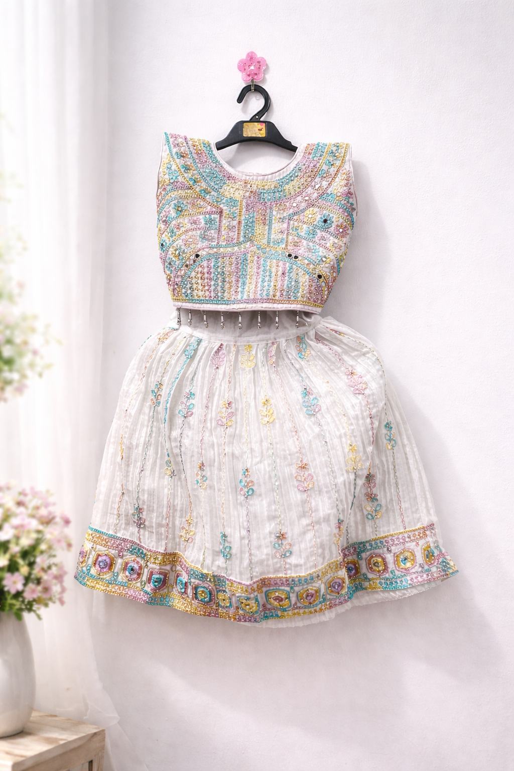 Pastel Embellished Kids Lehenga Set (White)