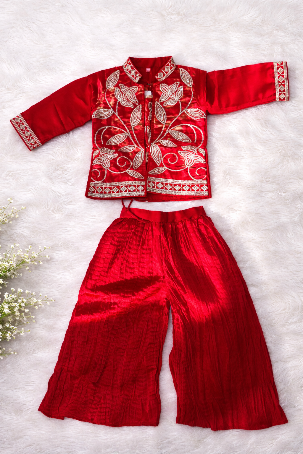 Girls Traditional Embroidered Jacket, Kurti & Palazzo Set – Red (3-Piece Ethnic Wear)