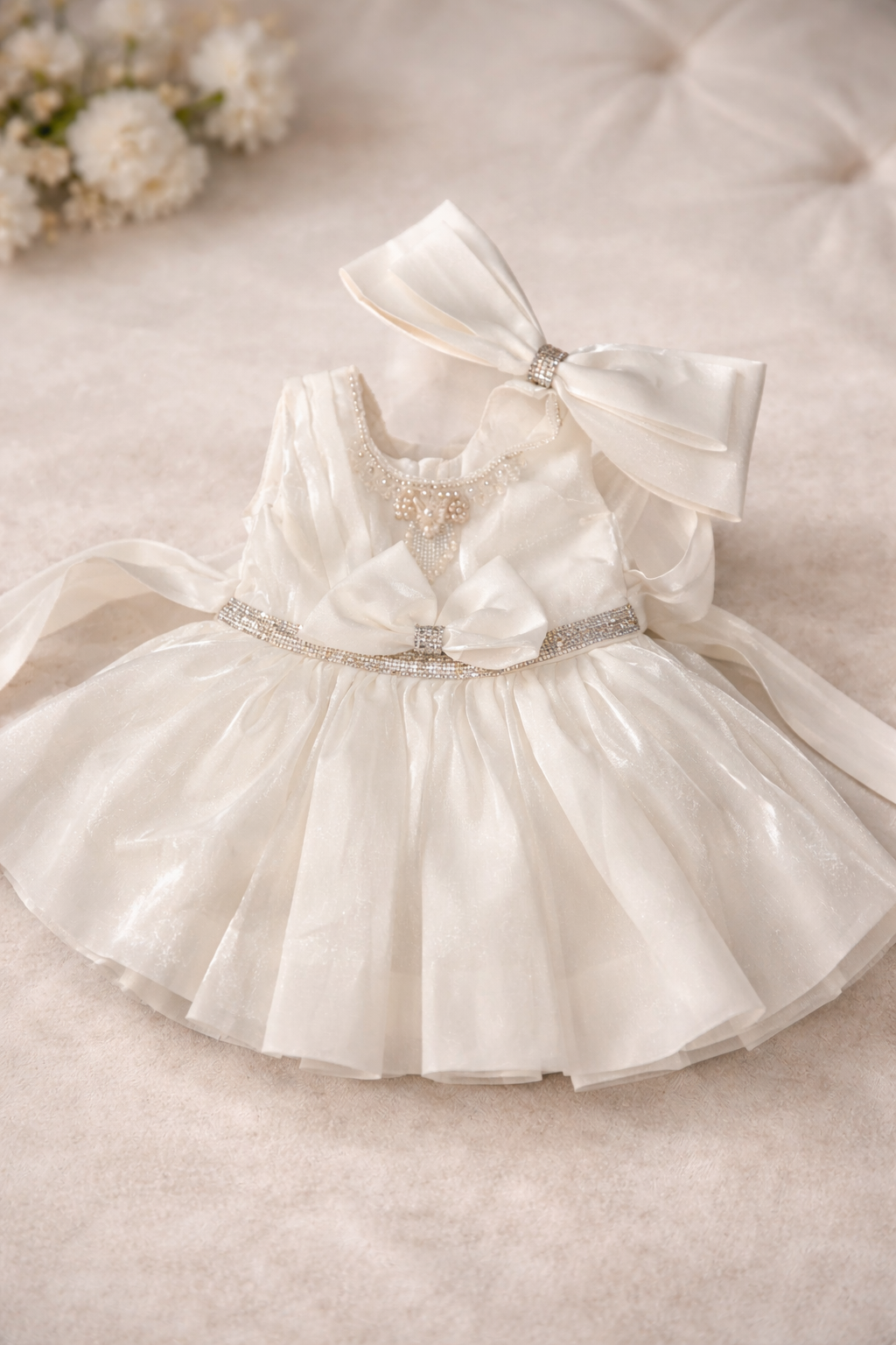 Elegant Pearl Bow Party Dress for Babies