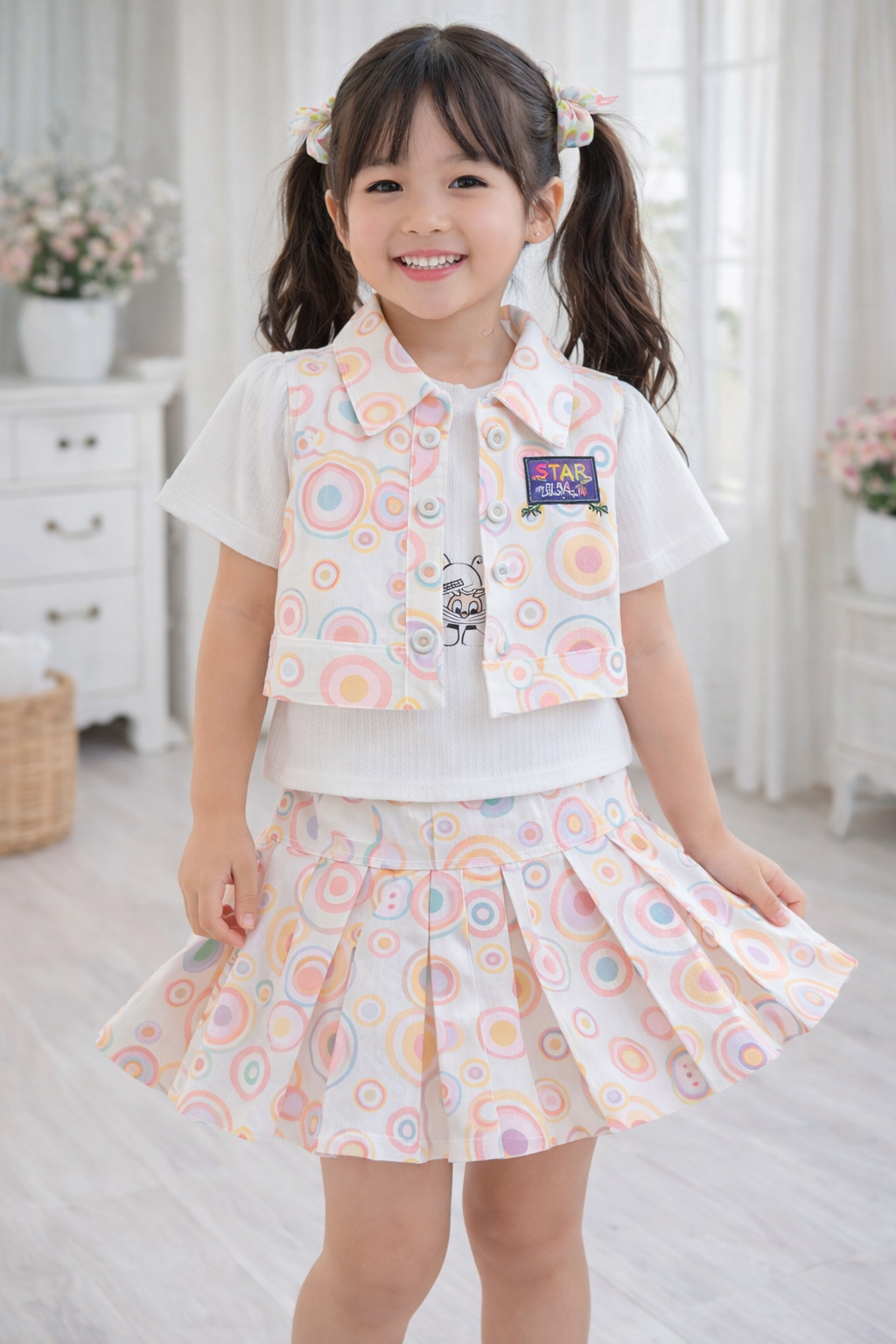 Pastel Circle Print Girls Top & Skirt Set