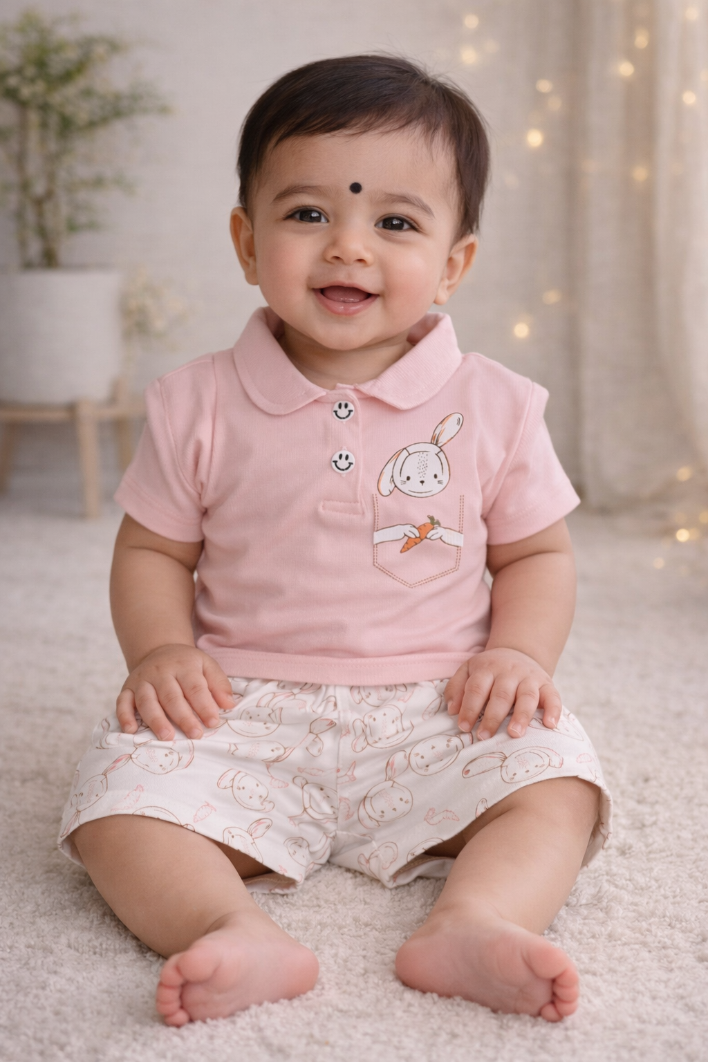 Adorable Bunny Print Baby Polo T-Shirt & Shorts Set