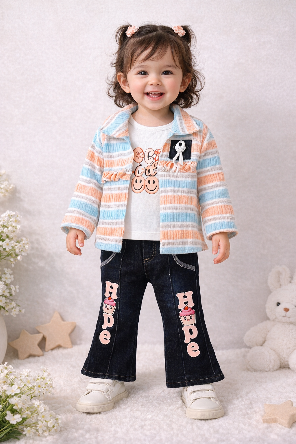Cute Striped Jacket & Denim Pants Set