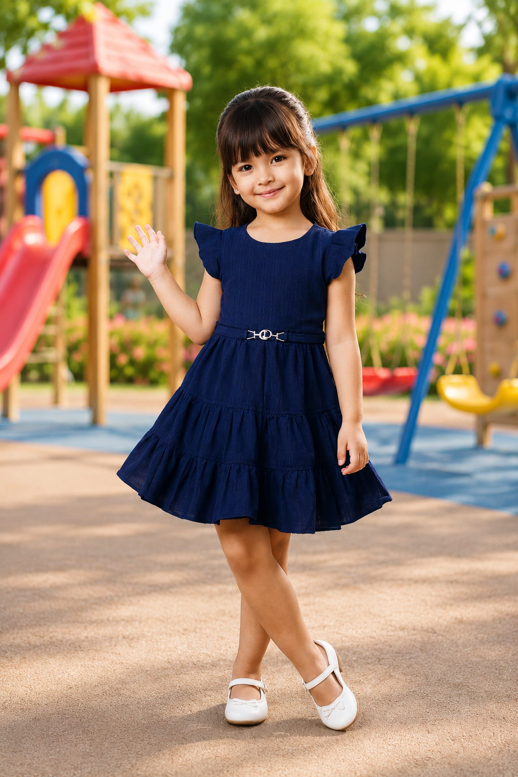 Girls Burgundy / Blue Ruffle Sleeve Party Dress with Belt