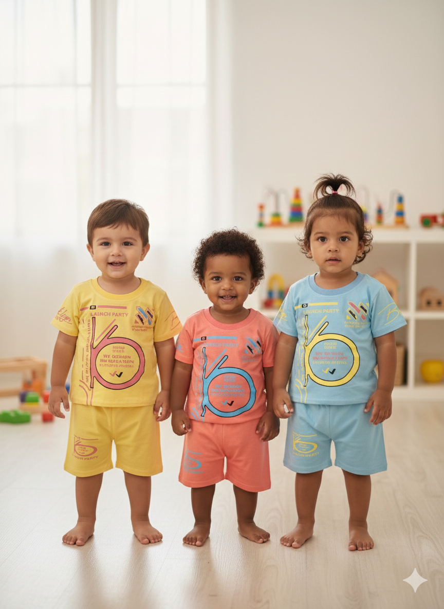 Boys 3-in-1 Launch Party Cotton T-Shirt & Shorts Set (Yellow, Coral & Sky Blue)