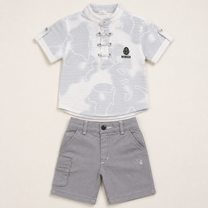 Boys grey patterned shirt and cargo shorts two-piece set flat lay