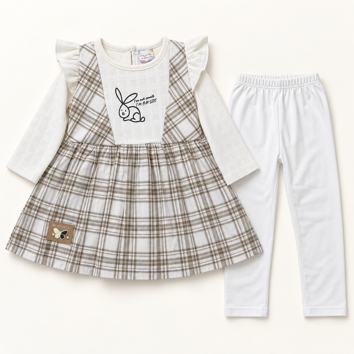 Taupe checked bunny tunic with long white sleeves and matching white trousers