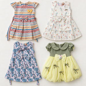 Inaabia 4-dress combo set flat lay showing striped floral, bunny balloon, pink blue floral and sage yellow party dresses