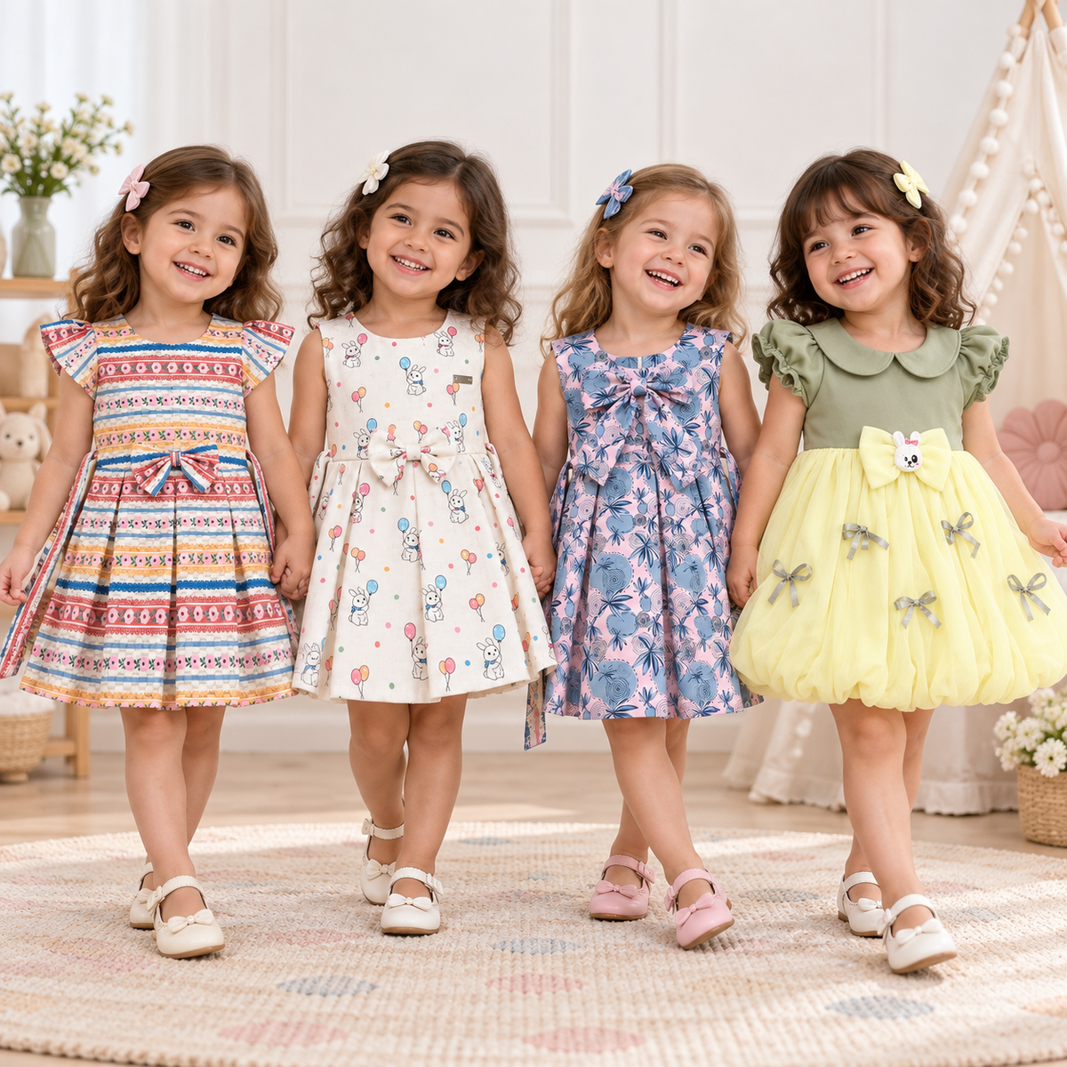 Four young girls modeling the Inaabia 4-dress combo set