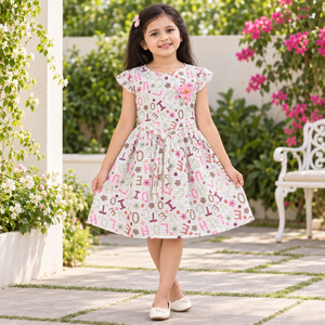 Girl wearing off-white alphabet and flower print dress with pink LOVE applique in a garden setting