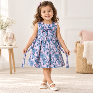 Toddler modeling pink and blue botanical bow dress from Inaabia 4-dress combo set