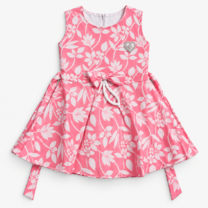 Coral pink girls dress with white floral print, sleeveless bodice, front bow and heart embellishment