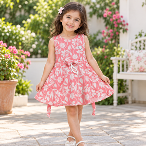 Young girl wearing coral pink floral dress with bow waist detail in a bright garden