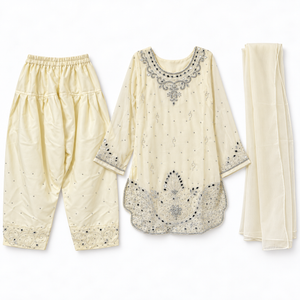 Cream and silver three-piece girls outfit with top trousers and dupatta