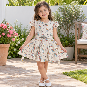 Young girl wearing cream rainbow cat print dress with heart waist detail in a garden