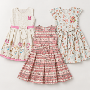 Inaabia girls 3-dress combo with ivory floral bunny, pink plaid and pastel alphabet print dresses