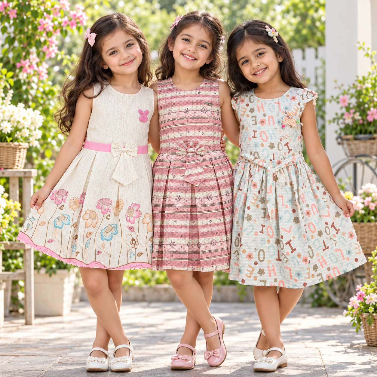 Three girls wearing Inaabia ivory floral bunny, pink plaid and pastel alphabet print dresses