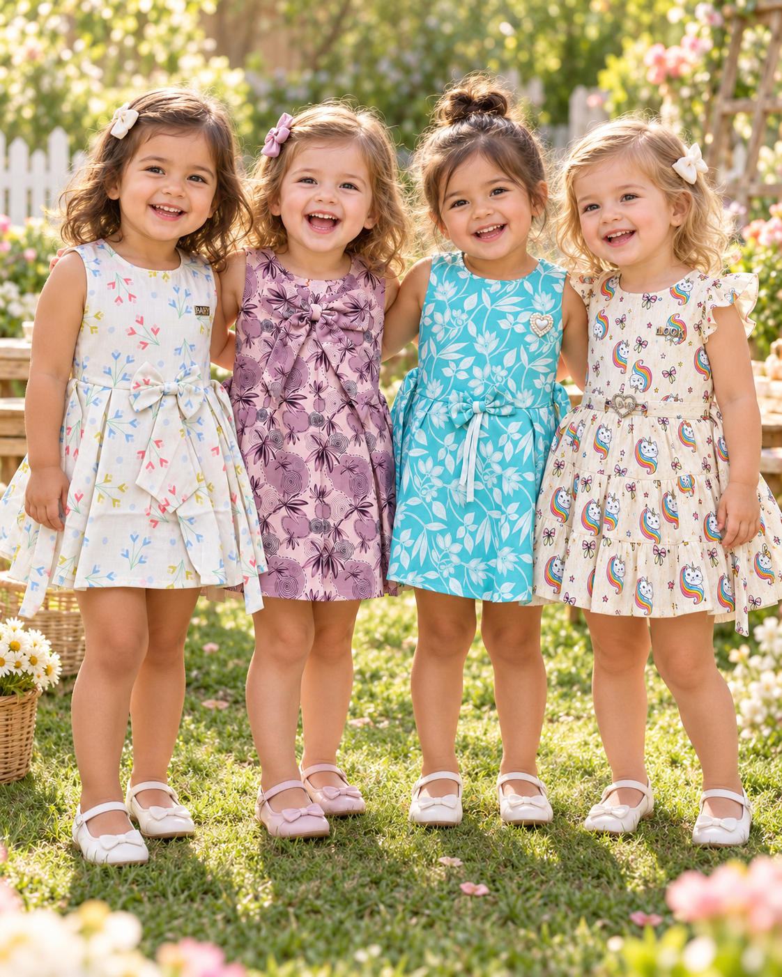 Four young girls wearing Inaabia 4-dress combo set in a bright garden