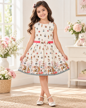 Girl modeling Inaabia ivory botanical girls dress with pink sash and border print