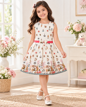 Girl wearing Inaabia ivory botanical printed dress in a bright indoor setting