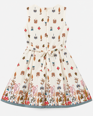 Studio back view of Inaabia ivory botanical girls dress with waist tie and border print
