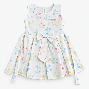 Ivory girls dress with pastel sprig print, sleeveless bodice and front bow waist detail