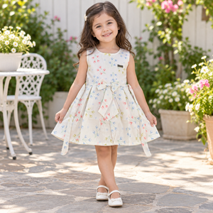 Young girl wearing ivory pastel sprig print dress with bow waist detail in a garden