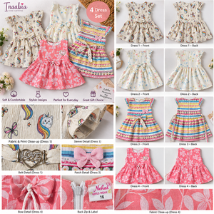 Inaabia kids 4 dress set combo detail close-ups showing prints, bows, belt, embellishments and zipper views