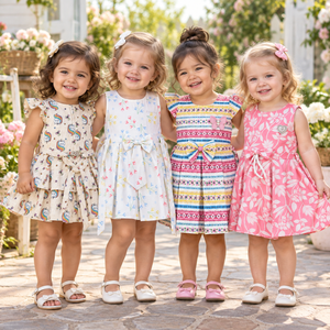 Four young girls wearing Inaabia 4 dress set combo in a bright garden setting