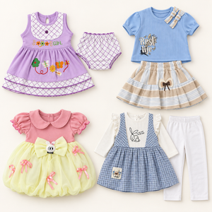 Complete seven-piece baby girls outfit combo in lilac, blue and pink lemon, size 12–18 months