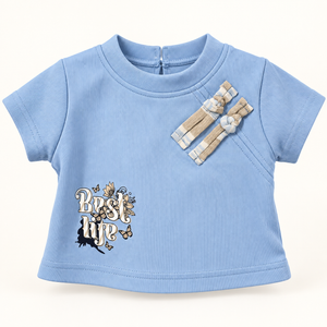 Blue top graphic and shoulder trim detail