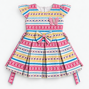 Multicolor striped floral girls dress with flutter sleeves, butterfly applique and waist bow