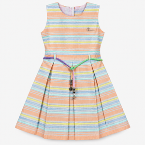 Front view of pastel striped sleeveless girls dress with Queen chest detail and multicolor charm belt