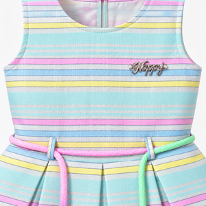 Close-up of Inaabia pastel striped girls dress bodice with metallic Happy chest embellishment