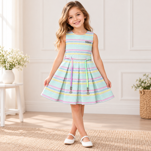 Girl modeling Inaabia pastel striped sleeveless dress with multicolor cord belt