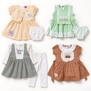 Baby girls four-outfit combo: peach dress and briefs, green polka-dot dress and briefs, checked bunny tunic and trousers, brown car dress