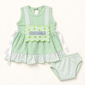 Green polka-dot COCOMILK dress with striped briefs