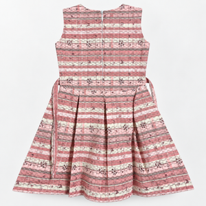 Back view of pink plaid sleeveless girls dress with centered zipper, tiny floral motifs and pleated skirt