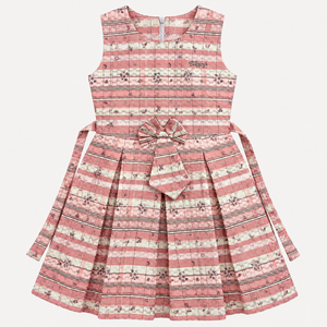 Front view of pink plaid sleeveless girls dress with tiny floral motifs, Happy chest detail and waist bow