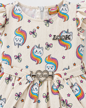Close-up of cream rainbow cat girls dress showing LOOK chest detail, heart buckle, print and flutter sleeves