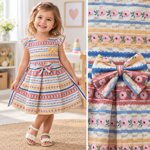 Lifestyle and detail image of striped floral bow dress for girls 2 to 3 years