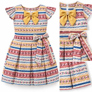 Detail collage of striped floral girls dress showing bow, sleeve and fabric pattern