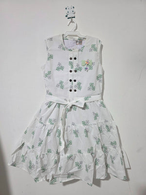 Inaabia white and mint green floral sleeveless tiered girls dress front view