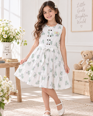Girl modeling Inaabia white and mint green floral sleeveless tiered dress