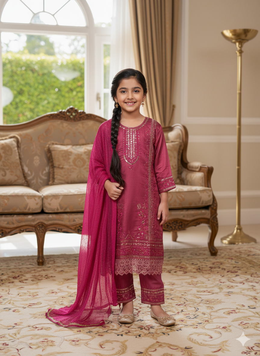 Rose Royale Embroidered Eid Suit for Girls