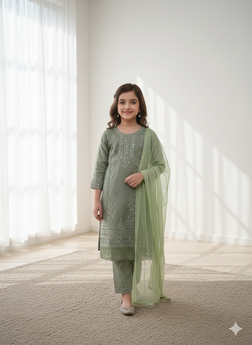Sage Noor Embroidered Eid Suit for Girls