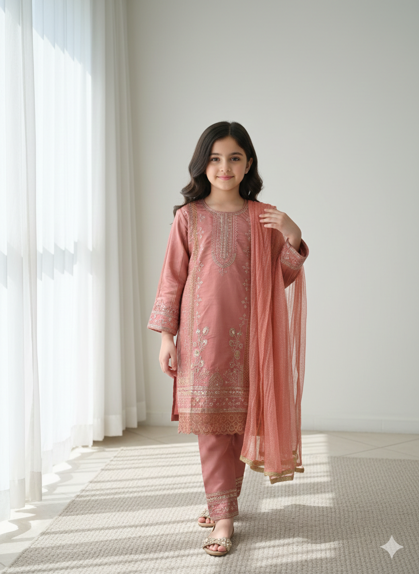 Blush Zahra Embroidered Eid Suit for Girls