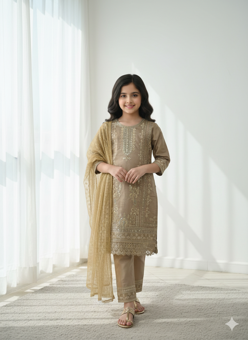 Noor Gold Embroidered Eid Suit for Girls
