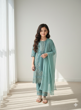 Aisha Mint Embroidered Eid Suit for Girls