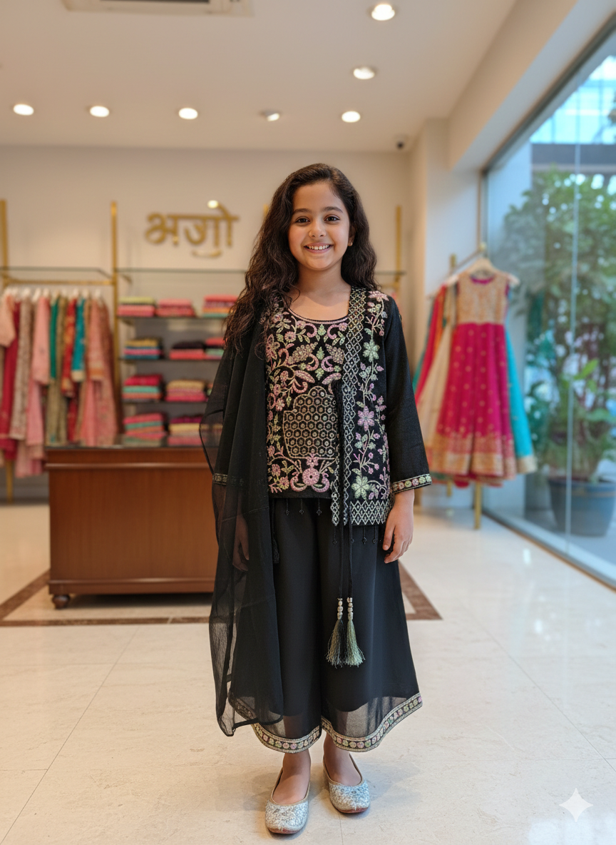 Royal Noir Embroidered Palazzo Set for Girls