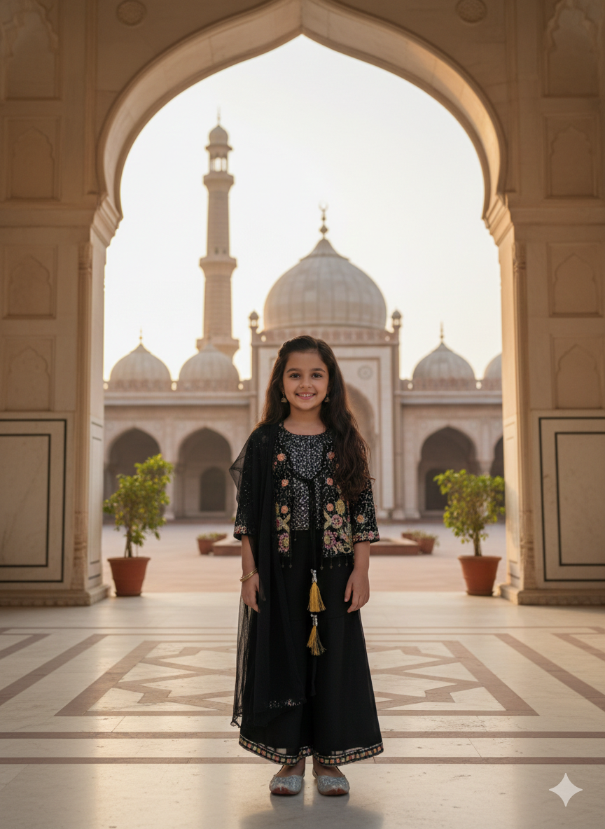 Midnight Blossom Embroidered Palazzo Set for Girls